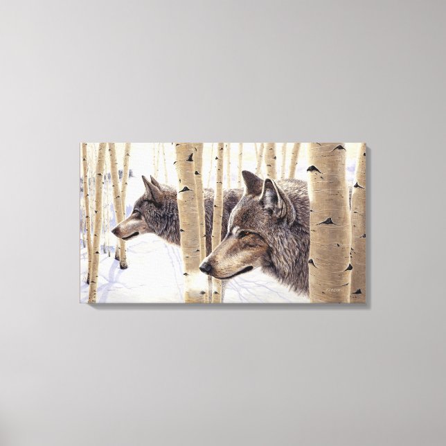 Toile 2 Loups Parmi Les Arbres D'Aspen, Peinture Acryliq (Recto)
