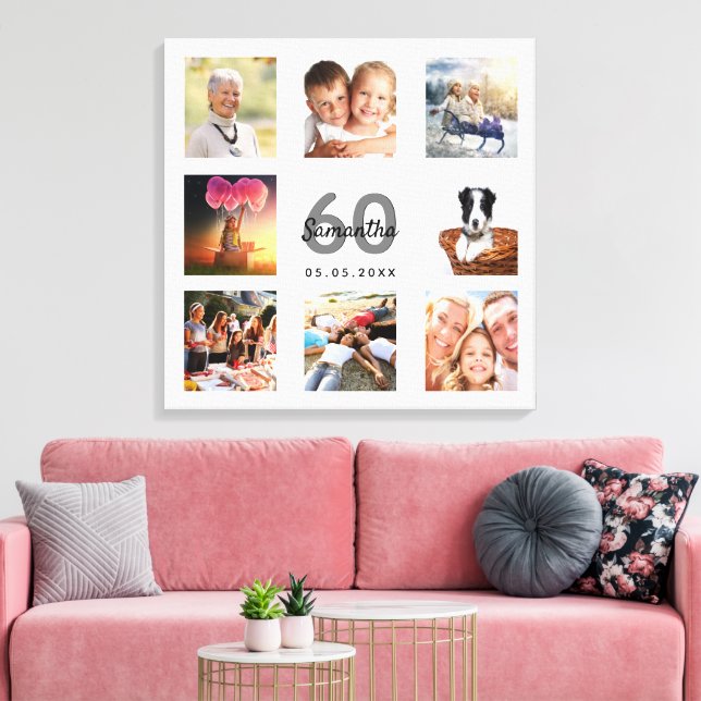 Toile 60e anniversaire blanc photo collage monogramme (Insitu(Salon))