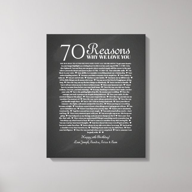 Toile 70 raisons pour lesquelles nous vous aimons cadeau (Recto)