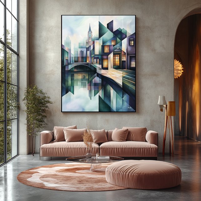 Toile Abstrait Géométrique Amsterdam Skyline avec Canal (Créateur téléchargé)