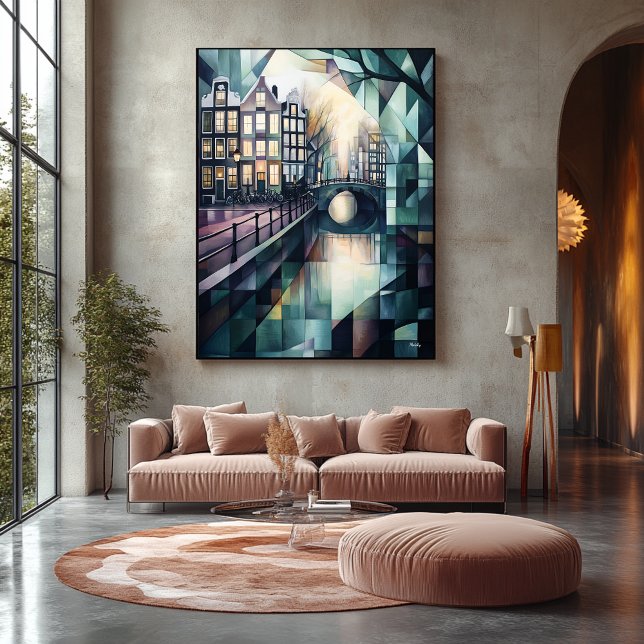 Toile Abstrait Géométrique Amsterdam Skyline avec Canal (Créateur téléchargé)