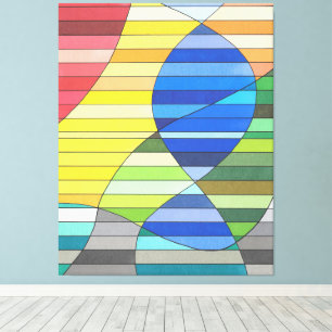 Toile Abstrait rayé avec des formes jaunes et bleues
