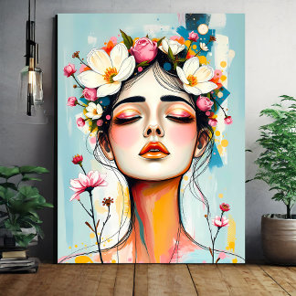 Toile Abstrait Visage féminin avec botaniques Mur Art