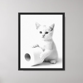 Toile Adorable Chaton Blanc Tenant du Papier de Toilette