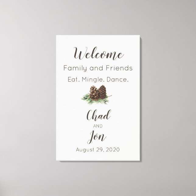Toile Affiche de bienvenue Mariage de cône de pin rustiq (Recto)