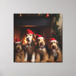 Toile Airedale près de la cheminée Noël