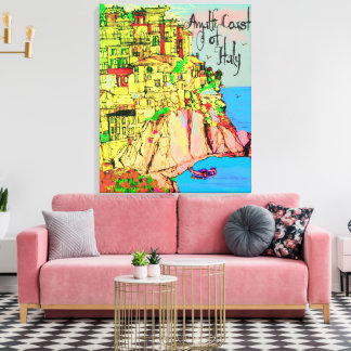 Toile Amalfi Coast of Italy cliffside pastel houses sea"