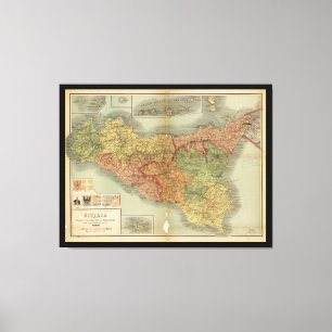 Toile Ancienne carte de la Sicile de 1900 (Sicilia carta