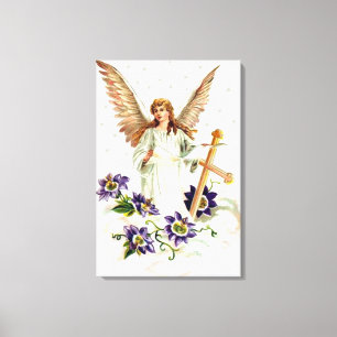 Toile Ange avec croix et fleurs de clématite 