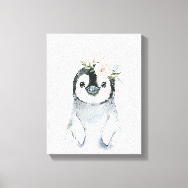 Toile Animaux bébé manchot à l'aquarelle florale enneigé (Recto)