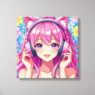 Toile Anime rose mignonne fille avec casque