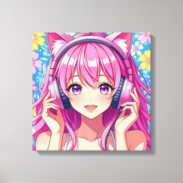 Toile Anime rose mignonne fille avec casque (Recto)