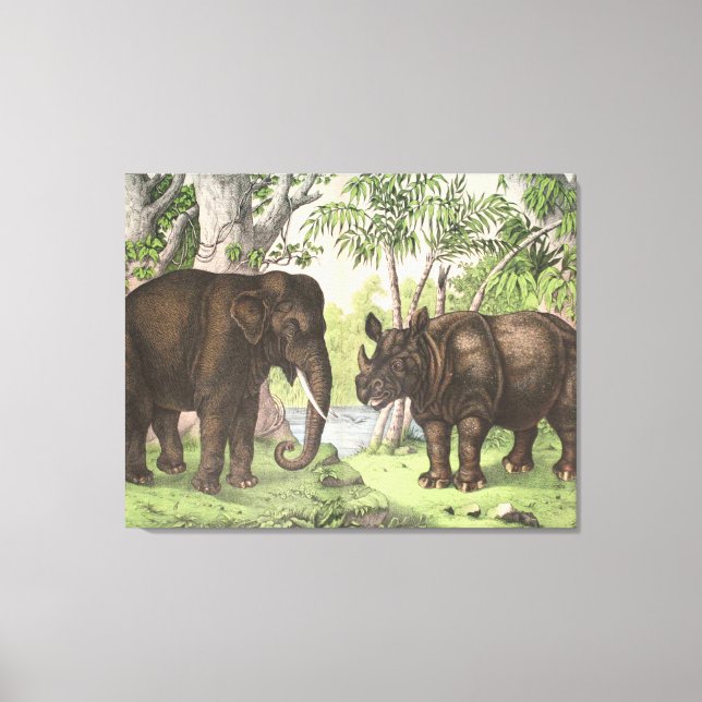 Toile Antique Elephant Rhino dans la jungle Imprimer (Recto)