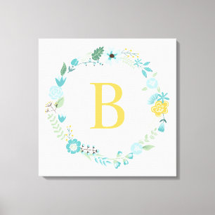 Toile Aqua et Yellow Monogramme Floral Wreath