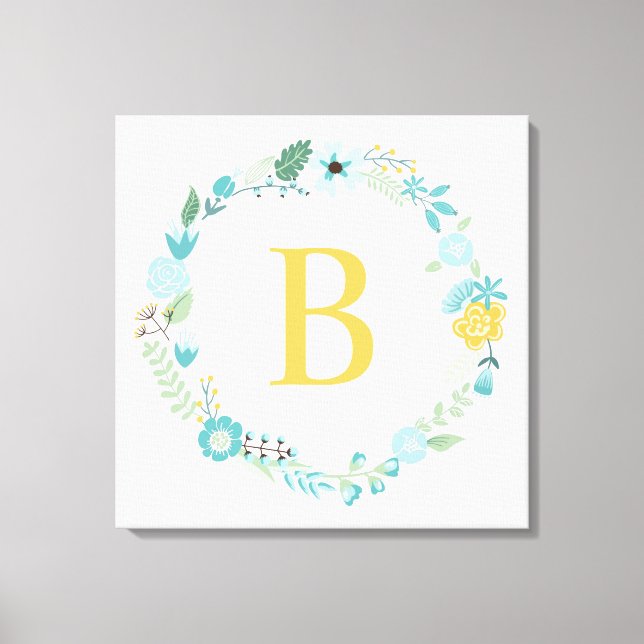 Toile Aqua et Yellow Monogramme Floral Wreath (Recto)