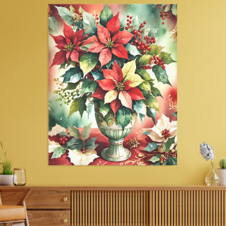Toile Aquarelle classique Bouquet de Poinsettia rouge