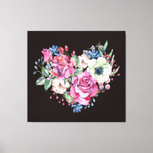 Toile Aquarelle coeur floral : roses vintages.