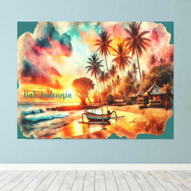 Toile Aquarelle Croquis Bali Indonésie Tropical | (Insitu (Plancher de Bois))