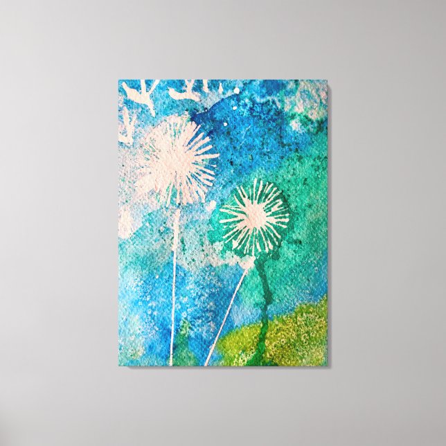 Toile Aquarelle de Dandelion bleu et vert abstrait (Recto)