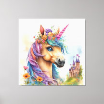 Aquarelle Dreamy Unicorn avec Château et Fleurs
