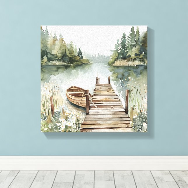Toile Aquarelle du bateau du lac Mountain (Insitu (Plancher de Bois))