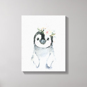 Toile Aquarelle Floral Baby Penguin Animaux neigeux