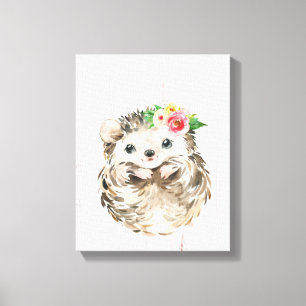 Toile Aquarelle Floral Bébé Hérisson, Animaux des bois
