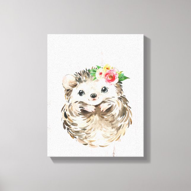 Toile Aquarelle Floral Bébé Hérisson, Animaux des bois (Recto)