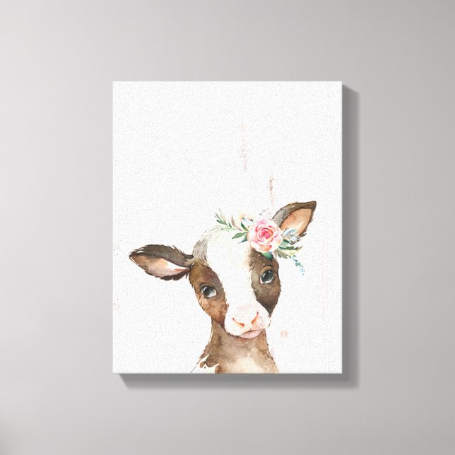 Toile Aquarelle Floral Vache Brown, Bébé Animaux Art (Recto)