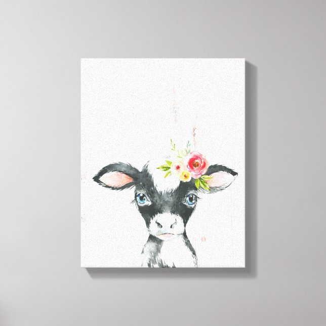 Toile Aquarelle Florale Vache noire et blanche (Recto)