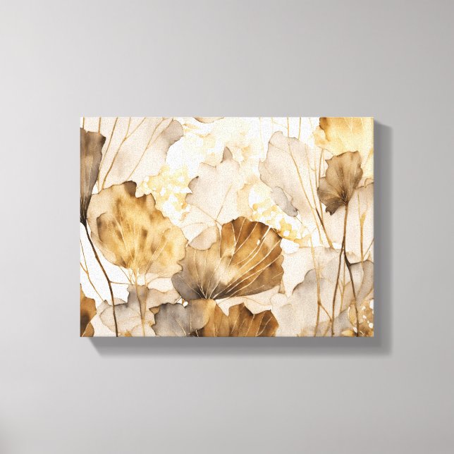 Toile Aquarelle Ginkgo feuilles blanc, beige, or (Recto)