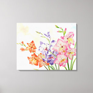 Toile Aquarelle Gladiolus rose, jaune et violet
