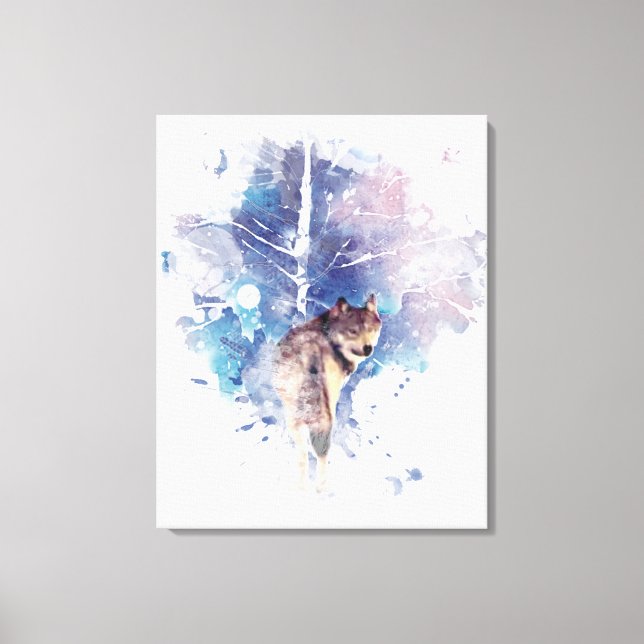 Toile Aquarelle Gris Loup Faune Animal Nature Art (Recto)