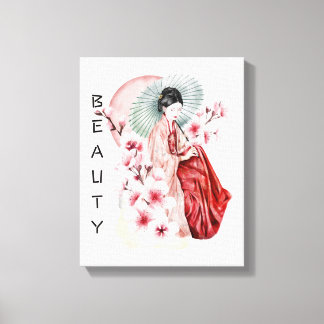 Toile Aquarelle japonaise de Geisha avec Kimono et Sakur