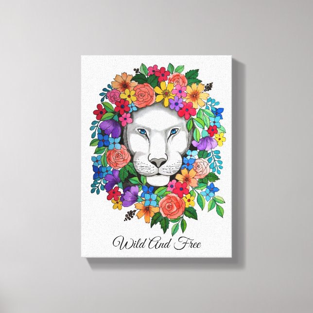 Toile Aquarelle Lion Et Fleurs Arc En Ciel (Recto)