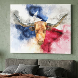 Toile Aquarelle Longhorn du Texas avec carte du drapeau 