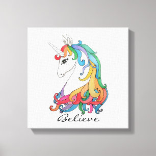 Toile Aquarelle mignonne unicorne arc-en-ciel