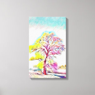 Toile Aquarelle moderne des arbres enneigés colorés