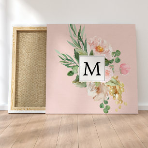 Toile Aquarelle moderne Fleurs roses Monogrammes