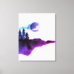 Toile Aquarelle Montagnes pourpres Lune Pins Arbres