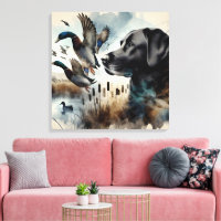 Aquarelle Noir Labrador Et Canards