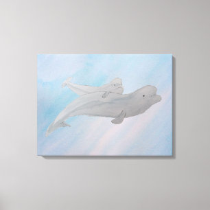 Toile Aquarelle Océan Mère Bébé Béluga Baleine