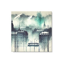 Aquarelle paysage urbain avec montagnes, arbres et