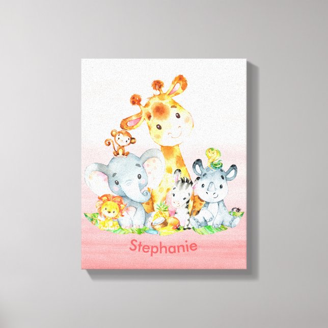 Toile Aquarelle rose mignonne Safari Jungle Animaux (Recto)