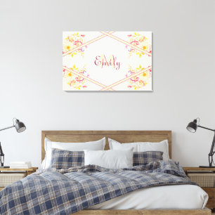 Toile Aquarelle rose Roses, Lignes, Monogramme