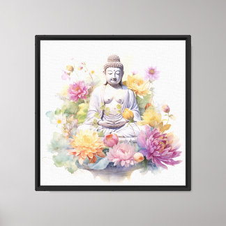 Toile Aquarelle Serene Bouddha rose Fleurs Jaunes Art