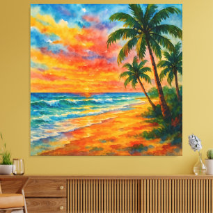 Toile Aquarelle Tropical Beach Sunset