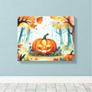 Toile Aquarelle verte orange Forêt Citrouille d'automne