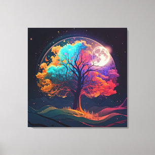 Toile Arbre coloré de vie Lune Galaxie Imaginaire