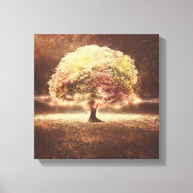 Toile Arbre d'automne et lumières romantiques à cordes r (Recto)